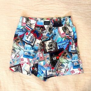 $1050 Balenciaga Logo Postcard Print Silk Shorts, Size 44